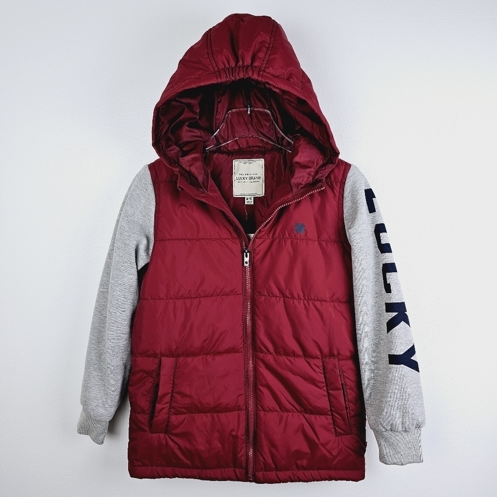 Lucky Brand Boy's Hooded Puffer Vest Sweatshirt Sleeves Jacket Twofer Combo NWT